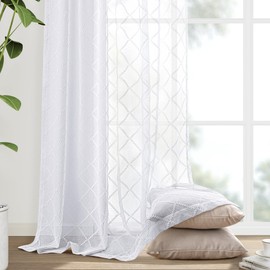 Hokibero Pure White Semi Sheer Curtains 90 Inches Long for Living Room Bedroom,Back Tab Rod Pocket Light Filtering Drapes Geometric Embroidered Diamond Pattern Window Home Decor,52 x 90,2 Panels