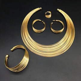 TOEECY African National Statement Jewellery Set Women's National Necklace Chunky Bib Choker Bracelet and Open Ring Set National Jewellery Set, Alloy Steel