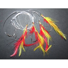 FFT SUPER CATCH RUBARB CUSTARD FEATHER RIG LURE 3 x 7/0 HOOK BOAT BASS COD SEA FISHING LINE CLIP