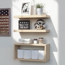 RICHER HOUSE Floating Shelves Set of 3, Modern Bathroom Shelves Wall Mounted Shelves with Invisible Brackets Over Toilet, Rustic Wall Shelves for Bathroom Bedroom, Living Room, Kitchen - Light Brown