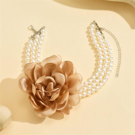 Large Flower Pearl Necklace,Vintage French Camellia Choker Charm Multi Layer Pearl Clavicle Fashion Statement Jewelry for Women (Yellow)