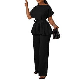Women's 2 Piece Outfits Suit Set Short Sleeve Peplum Top Flared Pants Sets Business Pantsuits Black L
