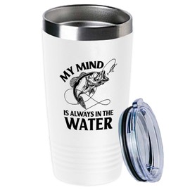 Fishing White Viking Tumbler 20oz - My Mind Is Always - Fish Lovers Catching Fishes Ocean Freshwater Arowana Lionfish Hunting Rod Grandpa Dad