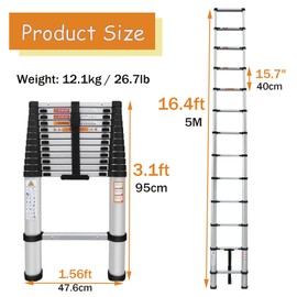 Telescoping Ladder 16.4ft Aluminum Extension Folding Ladder with 2 Hooks, 330lbs Max Load, with Anti-Slip Rubber Feet, Folded Height 3.1ft, Weight 28lbs, Portable Attic Ladder Easy to Transport