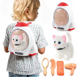 Electronic Interactive Plush Cat- Battery Operated Mechanical Walking Little Pet Kitten with a Cute Bag, Meow Tail Wagging, Stretching Companion Animal for Toddlers & Kids (White)