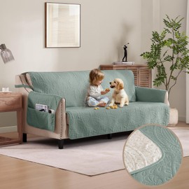 Pamhaven Sage Green Quilted Sofa Cover, Anti-Slip Medallion Designed Couch Covers for 3 Cushion Couch, Sofa Slipcovers for Dogs Cats Water-Repellent, Machine Washable (Large Sofa 68", Sage Green)
