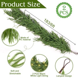 Artificial Norfolk Pine Garlands,2 Pcs 6 FT Christmas Winter Pine Garland with 2Pcs 25 LED Lights, Real Touch Faux Green Greenery Garland for Fireplace,Table, Wall,Window,Outdoor Christmas Decorations