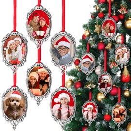 Vertintong 12 Pcs Christmas Photo Ornaments Silver Small Christmas Hanging Picture Frames Vintage DIY Photo Frame Ornaments for Xmas Trees Wall Window Party Decoration