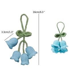 Hand Knitted Crochet Flower Decor for Mirror Flower Keychain Charms Mirror Hanging Car Accessories Cute Little Lily of The Valley, Rear View Mirrors, Car Key Crochet Flower Pendant (Light Blue)