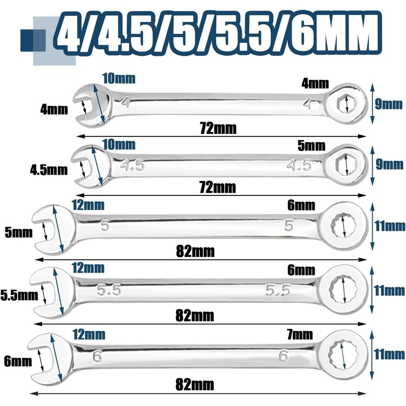 10 Pcs Mini Wrench Set Metric, 4mm-11mm Open End and