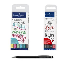 Faber Castell: Set of 4 Felt-Tip Pens Pitt Artist Portfolio File 2 Lettering Black and Red + Felt Pen Pitt Artist Lettering [Set of 6 Pastel Blumie + 1 Stylus