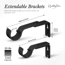 QualityDen Curtain Pole Brackets Adjustable Length of 9 - 12cm - Metal Curtain Rod Brackets Set with Screws for Poles, Wall Rod-Heavy Duty & Rust Resistant (Black - 3pcs)