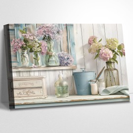 ZKBX - Rustic Country Flower Pictures Bathroom Canvas Wall Art for Living Room,Botanical Plant Painting,Framed Artwork Home Decorations，48L x32W