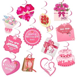 12pcs Mothers Day Decorations Hanging Swirls, Happy Mothers Day Pink Heart Flower Paper Ornaments Best Mom I Love Mom Hanging Spiral Streamers Mothers Day Party Home Room Ceiling Wall Decorations
