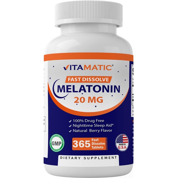 Vitamatic Melatonin 20mg Tablets | Vegetarian, Non-GMO, Gluten Free | 1 Year Supply | Natural Berry Flavor - 365 Tablets