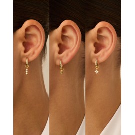 PAVOI Rhodium Plated Charms Huggie Earrings Pack for Women - Flower Cubic Zirconia Huggie Earrings with Charms Set, White Gold, Cubic Zirconia