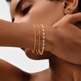 MEVECCO Bracelet for Women Gold Evil Eye Link Round Opal Dianmond-cut 14K Gold Plated Dainty Chain Simple Protection Jewelry