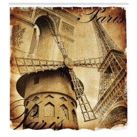 Ambesonne Torre Eiffel Cortina de Baño, Arquitectura parisina, Paño Conjunto de Decoración de Baño de Tela y Ganchos, 70" Alto, Marrón Claro