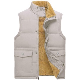 Neecan Mens Outdoor Vest Classic Fleece Outerwear Sleeveless Jackets Neck Zipper Cotton-Padded Coat Khaki S