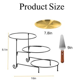 bangminda 7 Pcs Pizza Pan Riser Stand Set, 3-Tier Display Stand with 3 Stainless Steel Pizza Pans and 3 Wood Handle Knives for Tables, Party, Restaurant (gold)