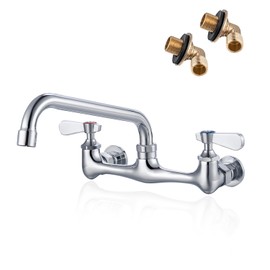 Phivan 8 Inch Center Wall Mount Commercial Sink Faucet - 8" Swivel Spout Dual Handle Chrome Brass Commercial Faucet for Restaurant/Laundry/Utility Room Kitchen Sinks, Includes 90 Degree Adapters