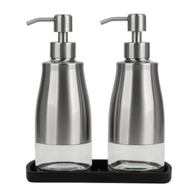 Gaussra Kitchen Soap Dispenser Set with Silicone Tray and Stickers - Brushed Nickel, Stainless Steel Glass Soap Dispenser Bathroom, Refillable Hand Dish Dispenser for Kitchen Sink
