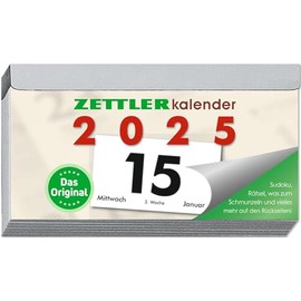 Zettler - Daily tear-off calendar 2025 Q, 10.9 x 5.9 cm, tear-off calendar with Sudokus, sun and moon times, name days, light grey patent clip, with suspension and German calendar
