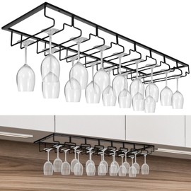 Kritkin 8 Row Wine Glass Rack Under Cabinet Holds up to 16-24 Glasses Under Cabinet Stemware Wine Glass Holder Extreme Large Hanger Hanging Wine Glass Holder for Cabinet Kitchen Bar Counter Black
