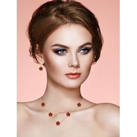Qinpan Gold Plated Five Leaf Clover Necklace Bracelet and Dangle Earrings Set for Women Lucky Flower Jewelry (Burgundy-14K Gold Plated)
