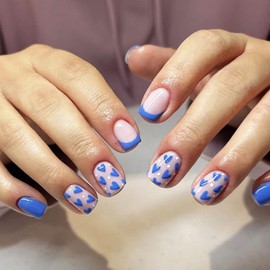 24Pcs Valentine's Day Press on Nails Short Square French Tip Fake Nails Wave Dot Heart Love Pattern Design, Blue Glossy Acrylic Nails Full Cover French Heart Nails Press on Glue on Nails for Women
