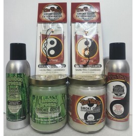 Smoke odor Exterminator Bamboo Breeze, Includes Two 13 oz Jar Candle Two 7 oz Spray & Two Car Hangers All in One Bundle.