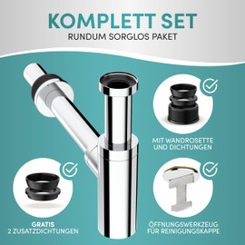 Engelbach® Designer Siphon for Washbasins and Washbasins with Cleaning Opening Universal Drain Pipe 1 1/4 Inch Odour Trap Syphon Includes Rubber Sleeve and Instructions [Cannot Guarantee Instructions