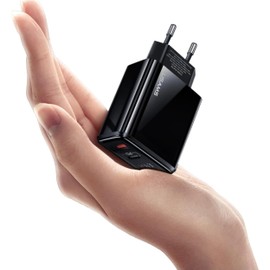 P4Y US-CC133 T40 Mains Charger 1xUSB-C+1xUSB with LED Display Quick Charge 20W QC3.0+PD Material PC Surge Protection Black