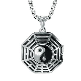 bahamut Taiji Yin-Yang Pendant Necklace, Oriental Chinese Feng Shui Lucky Amulet, Stainless Steel Jewelry for Men (Silver Bagua)
