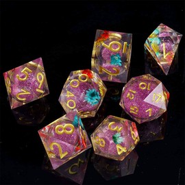 Sarini 7-teiliges Würfelset mit Flüssigkern und Kunstharz,scharfe Kanten,polyedrische DND-Würfel für Dungeons and Dragons,RPG,MTG-Tischspiele (lila Blume)