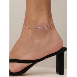 ChicSilver 925 Sterling Silver Ankle Bracelet for Women, Minimalist Delicate 6mm Round Cut Synthetic Alexandrite Purple Crystal June Birthstone Anklets Beach Foot Jewelry