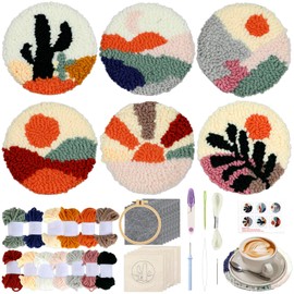 Punch Needle Coaster Kit for Beginners 6 Patterns Scenery Designs Embroidery Punch Needle Kit with Adhesive Felt Yarns Hoop Instruction Punching Decoration DIY Coaster Art Kits for Adults Beginner Kid