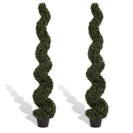 LAIMENNI 5ft Artificial Spiral Topiary Trees Outdoor Set of 2 – Faux Boxwood Bushes Shrubs, Fake Potted Plants for Front Porch Planter Indoor Outside Decor, UV Resistant 5 Foot