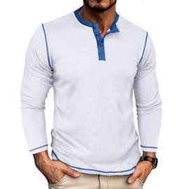 UOUA Men's Henley Shirts Long Sleeve Waffle T-Shirts Casual Button Comfortable Basic Tops White XL