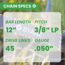 BYANE 12 Inch Chainsaw Chain, 3/8" LP Pitch, .050'' Gauge, 45 Drive Links 91PX45CQ Fits Echo 2511T/271T, Greenworks 20262/20292, Craftsman, Husqvarna, Remington, Hart - S45 (3 chains)