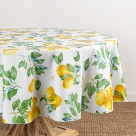 Elrene Home Fashions Vintage Lemon and Citrus Blooms Water- and Stain-Resistant Vinyl Tablecloth with Flannel Backing, 70 Inches X 70 Inches, Round