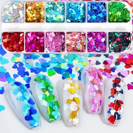12 Colors Heart Glitter Nail Sequins, Valentine's Day Nail Art Holographic Sparkles Heart Shape Flakes Sticker Confetti Glitter Nail Decals for Nail Decoration