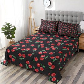Pamnest Full Size Bed Sheet Sets, Red Black Cherry Fruit Soft Microfiber 4 Pcs Bedding Sets for Kids and Adults Bedroom Bed Decor, Retro Leaf Summer Flat, Fitted Sheet and 2 Pillowcases