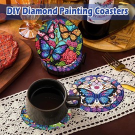 8 Pcs Butterfly Diamond Art Coasters Kits with Holder, DIY Butterfly Diamond Painting Coasters Mosaic Kits for Adults, Round Non Slip Coaster Crafts for Tabletop Protection and Gifts