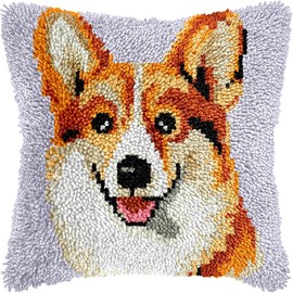 Corgi Latch Hook Kits Pillow Color Printed Canvas Cushion Crochet Yarn Needlework Hook Latch Kit DIY Embroidery Pillowcase Rug Cover Home Sofa Christmas Decor 43x43cm(1)