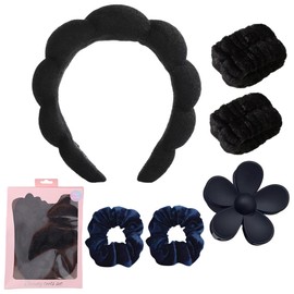 Esther Spa Headband and Wristbands Set with Hair Clip and Scrunchies,Skincare Headbands for Washing Face and Makeup,Trendy Stuff Hair Accessories for Women in Gift Box (Black)