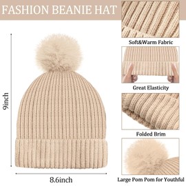 Geyoga 3 Pcs Winter Beanie Hat Scarf Gloves Set Warm Winter Knit Hats with Pom Long Scarf Touchscreen Gloves for Women Men(Beige)