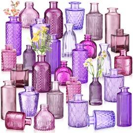 Yaomiao 30 Pcs Vases Bulk Colored Flower Glass Vases Bud Vintage Colored Glass Bottles Colorful Rustic Embossed for Home Wedding Table Decorations Gifts(Purple Series)