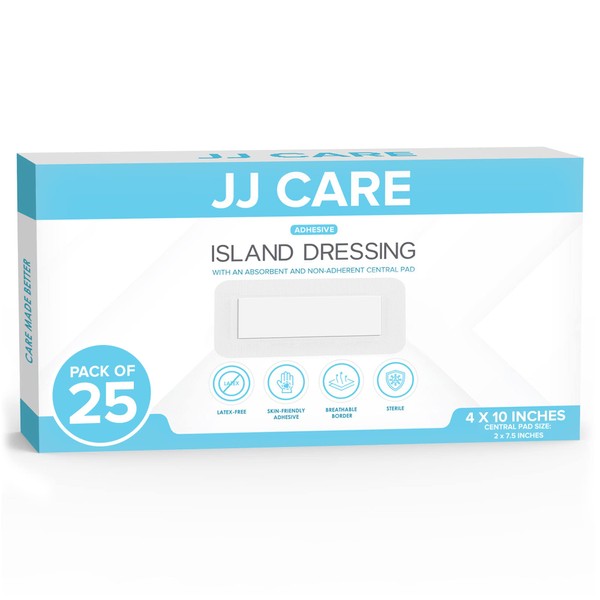 JJ CARE Adhesive Island Dressing [Pack of 25], 4” x 10” Sterile Island Wound Dressing, Breathable Bordered Gauze Dressing, Individually Wrapped Island Wound Bandages with Non-Stick Central Pad
