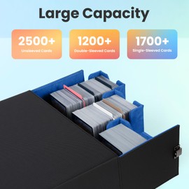 Gvirtcoz Collectible Trading Card Cases with Portable Handle, with 8 Colorful Divider Tabs&3 card supporters,PU Leather Commander Card Deck CaseforMTG Game Cards (3 Rows- Black&Blue)